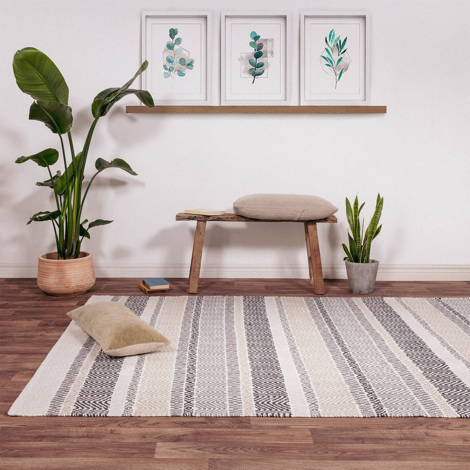 Sustainable indoor outdoor rug striped pattern