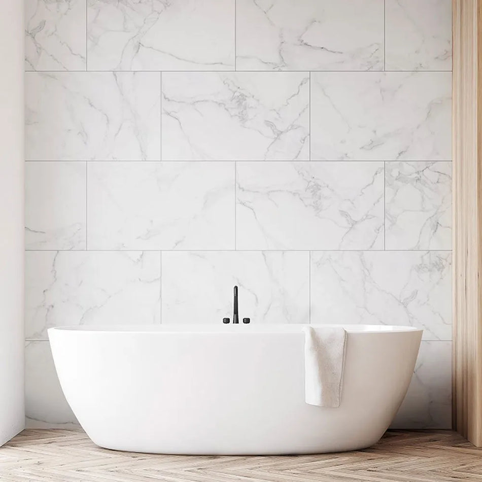 Dumawall+ Calacatta Marble Wall Tile 65x37.5cm – Waterproof White Marble-Effect PVC Panel with Grey Veining