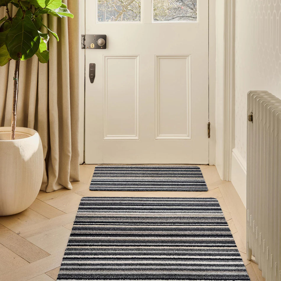Striped door mats in front of a white door with a plant and radiator in the background.