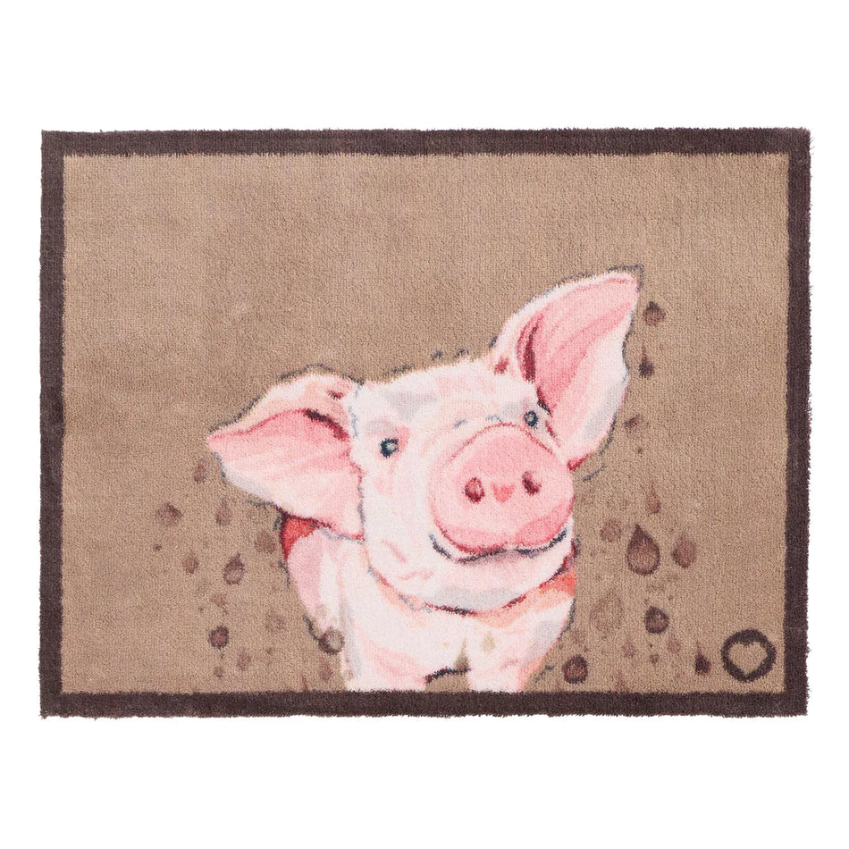 Doormat with a pink pig design on a beige background