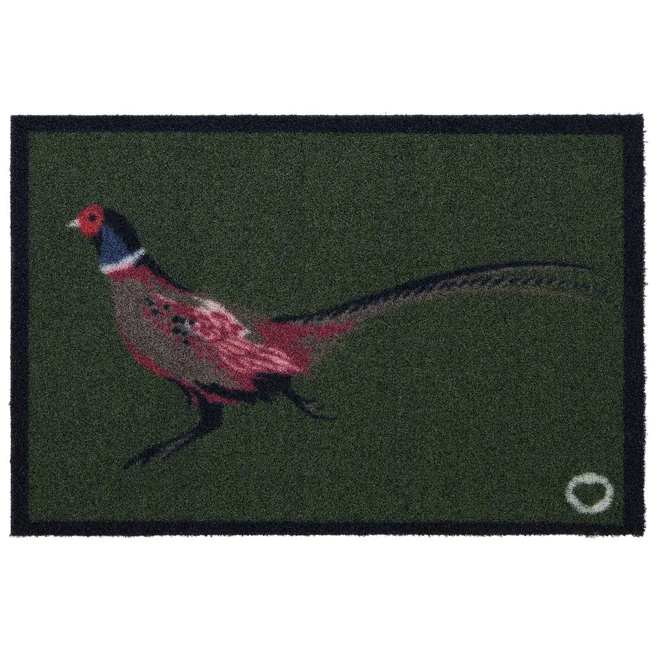 Doormat with a pheasant design on a green background