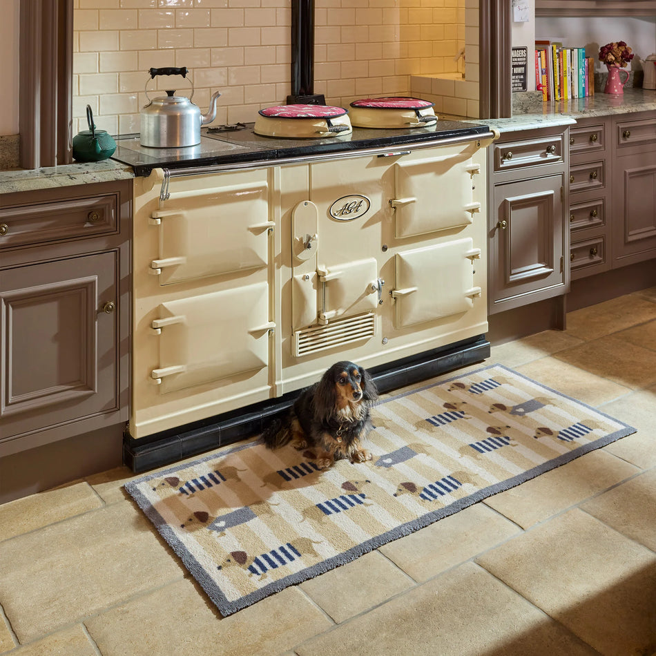 Eco-friendly doormat with colourful sausage dogs in jumpers