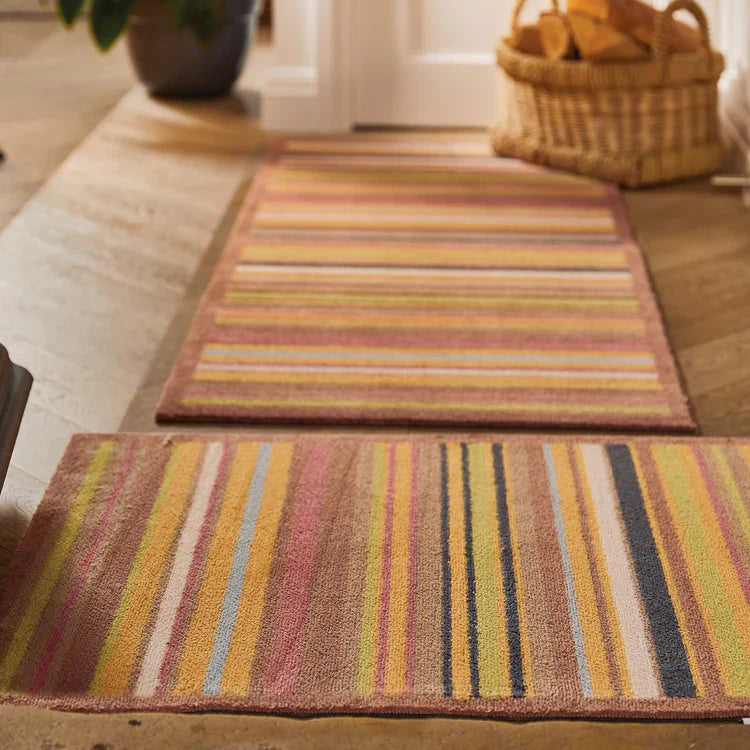 Striped multicolored rug on a wooden floor with a basket and plant in the background.