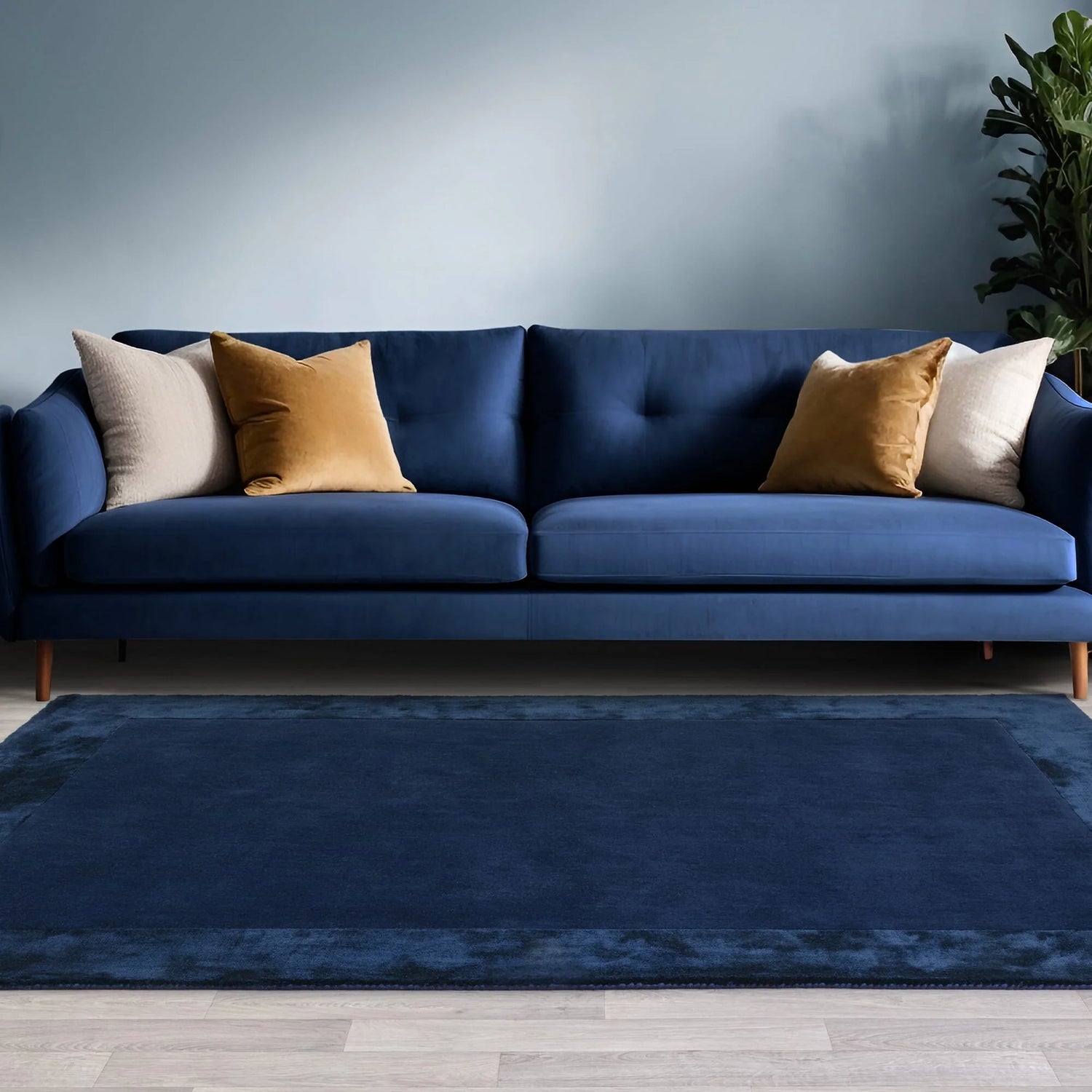 Navy bordered rug hand woven in India