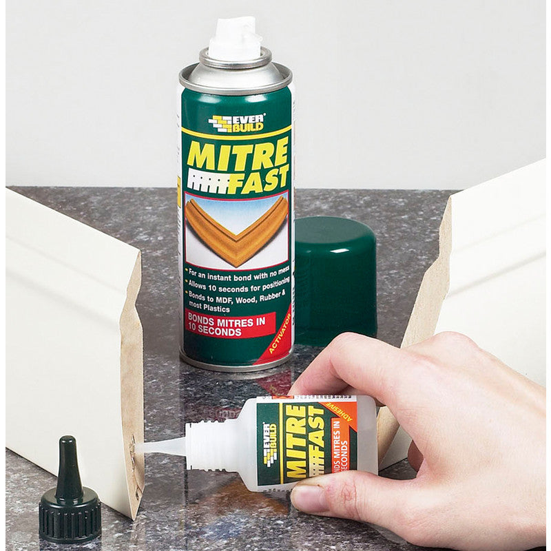 Mitre Adhesive Kit creates strong, clean joints on skirting boards and trims – Perfect for woodworking and uPVC profiles