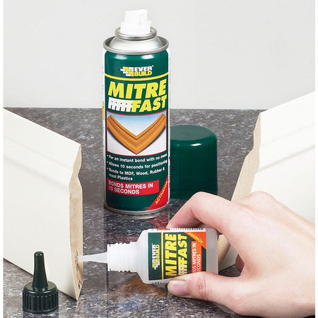 Mitre Adhesive Kit creates strong, clean joints on skirting boards and trims – Perfect for woodworking and uPVC profiles