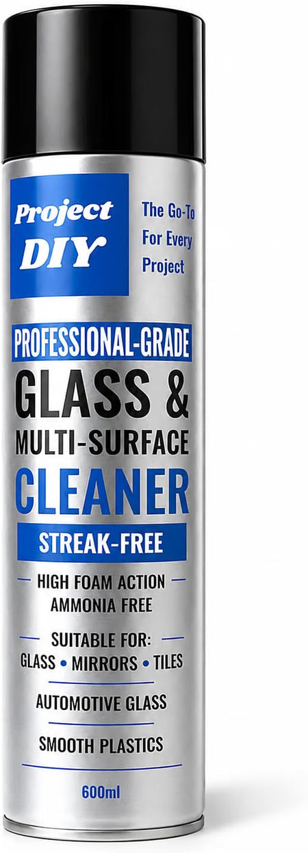 A 600ml can of Project DIY Professional-Grade Glass & Multi-Surface Cleaner, featuring a black cap, silver body, and blue and white text on a white background.