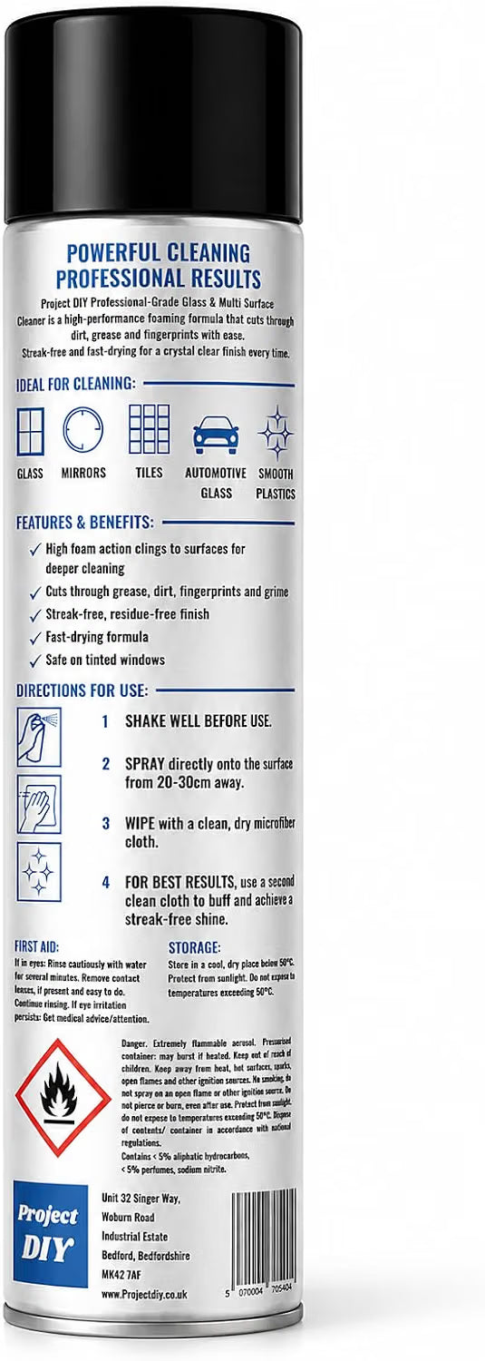 A can of Project DIY Powerful Cleaning Professional Results glass cleaner, showing the back of the black and white spray can with detailed instructions and safety information.