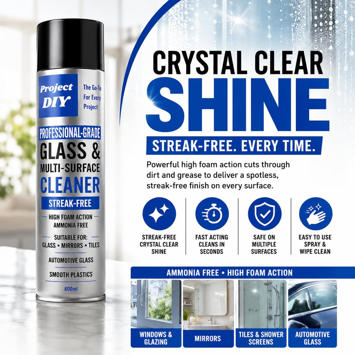 A bottle of Project DIY Crystal Clear Shine glass and multi-surface cleaner stands on a reflective surface against a bright, blurred interior background. The right side features large promotional text, feature icons, and usage examples for windows, mirrors, tiles, and automotive glass.