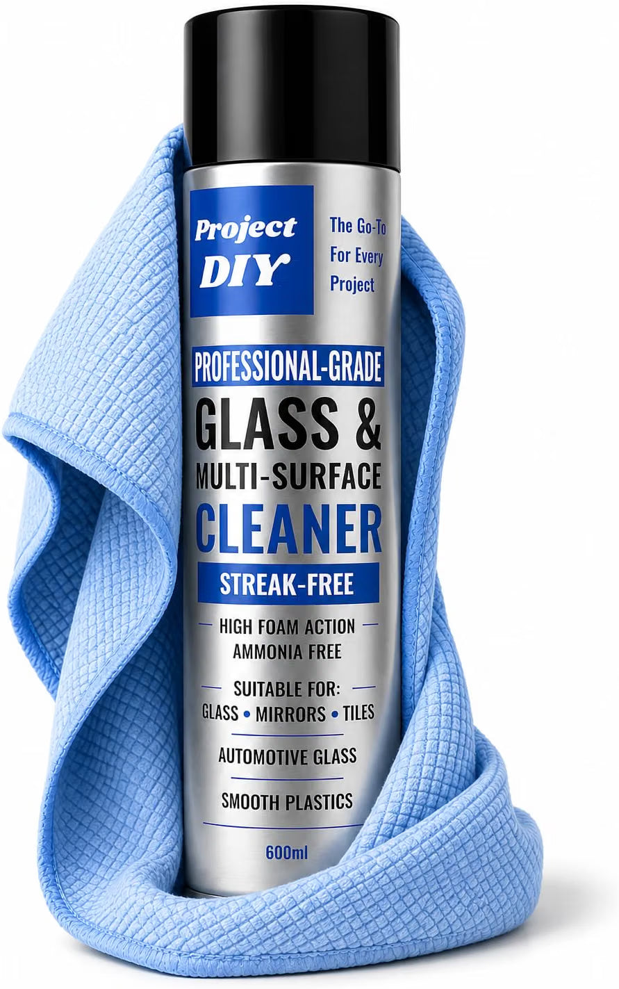 A can of Project DIY Professional Grade Glass & Multi-Surface Cleaner wrapped in a light blue microfiber cloth on a white background.