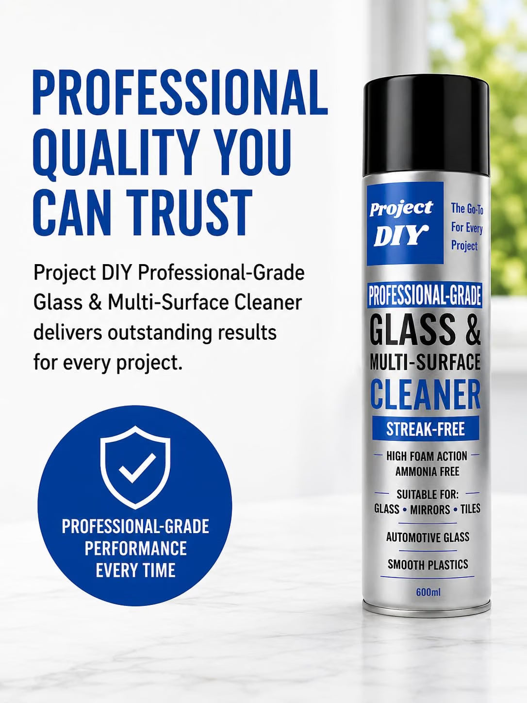 Project DIY Professional Grade Glass & Multi-Surface Cleaner aerosol can shown on a light background with promotional text and a blue badge. The can is silver with blue and black labeling and a black cap.