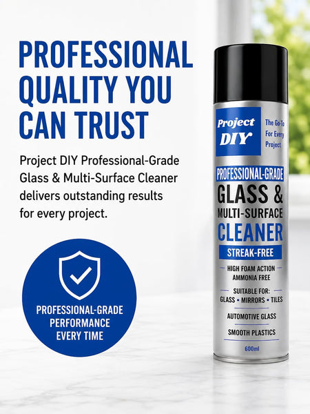 Project DIY Professional Grade Glass & Multi-Surface Cleaner aerosol can shown on a light background with promotional text and a blue badge. The can is silver with blue and black labeling and a black cap.