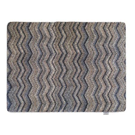 Hug Rug Ribbon Grey Zigzag mat with navy, beige, blue, and white pattern

