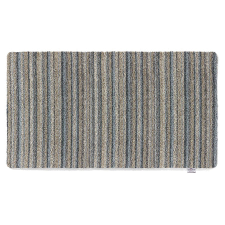 Striped doormat runner with blue and gray pattern on a white background