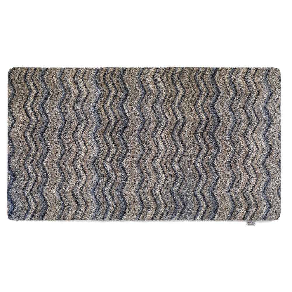 Hug Rug Ribbon Grey Zigzag mat with navy, beige, blue, and white pattern

