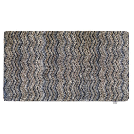 Hug Rug Ribbon Grey Zigzag mat with navy, beige, blue, and white pattern

