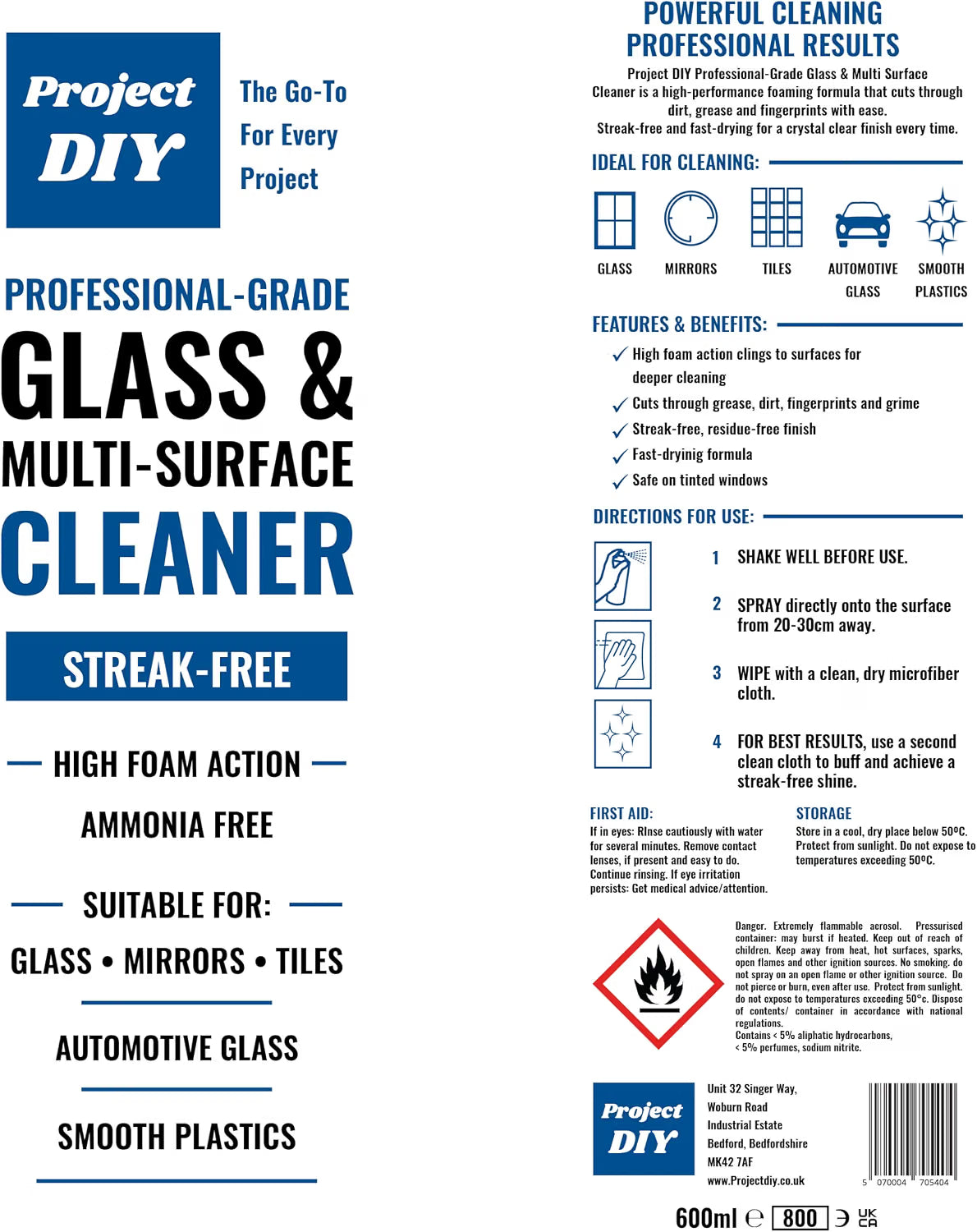 A 600ml bottle of Project DIY Professional Grade Glass & Multi-Surface Cleaner with a large white and blue product information card. The card features the Project DIY logo, text highlighting 'Streak-Free' and 'Professional Grade' cleaning, a list of suitable surfaces like glass, mirrors, and automotive glass, and a red hazard symbol indicating flammable contents.