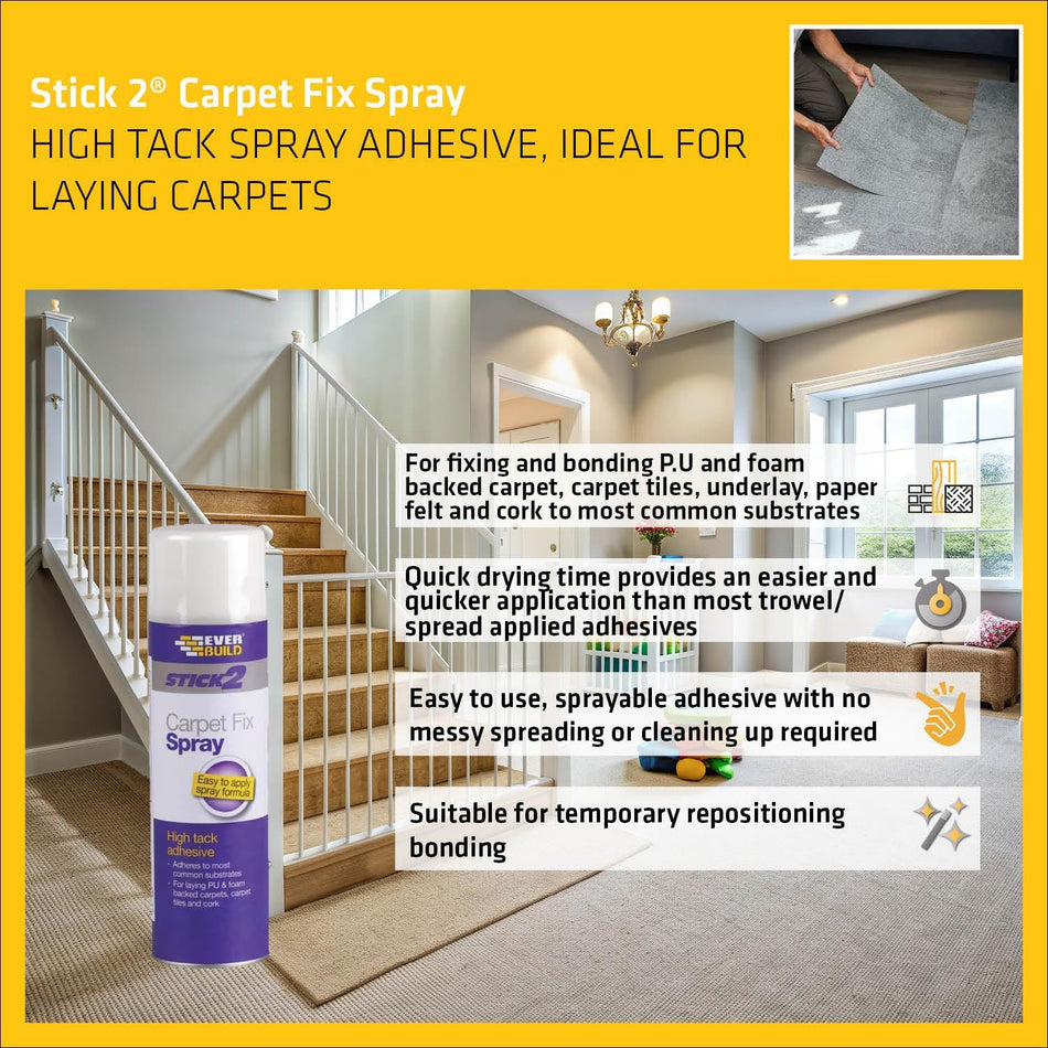Everbuild Stick 2 Carpet Fix Spray Adhesive 500ml – High-Tack Spray for Carpets, Underlay, Foam, and Fabric Bonding