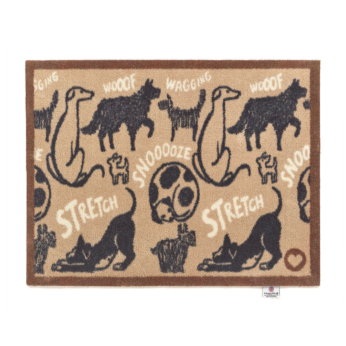 Doormat with black dog illustrations and text on a brown background