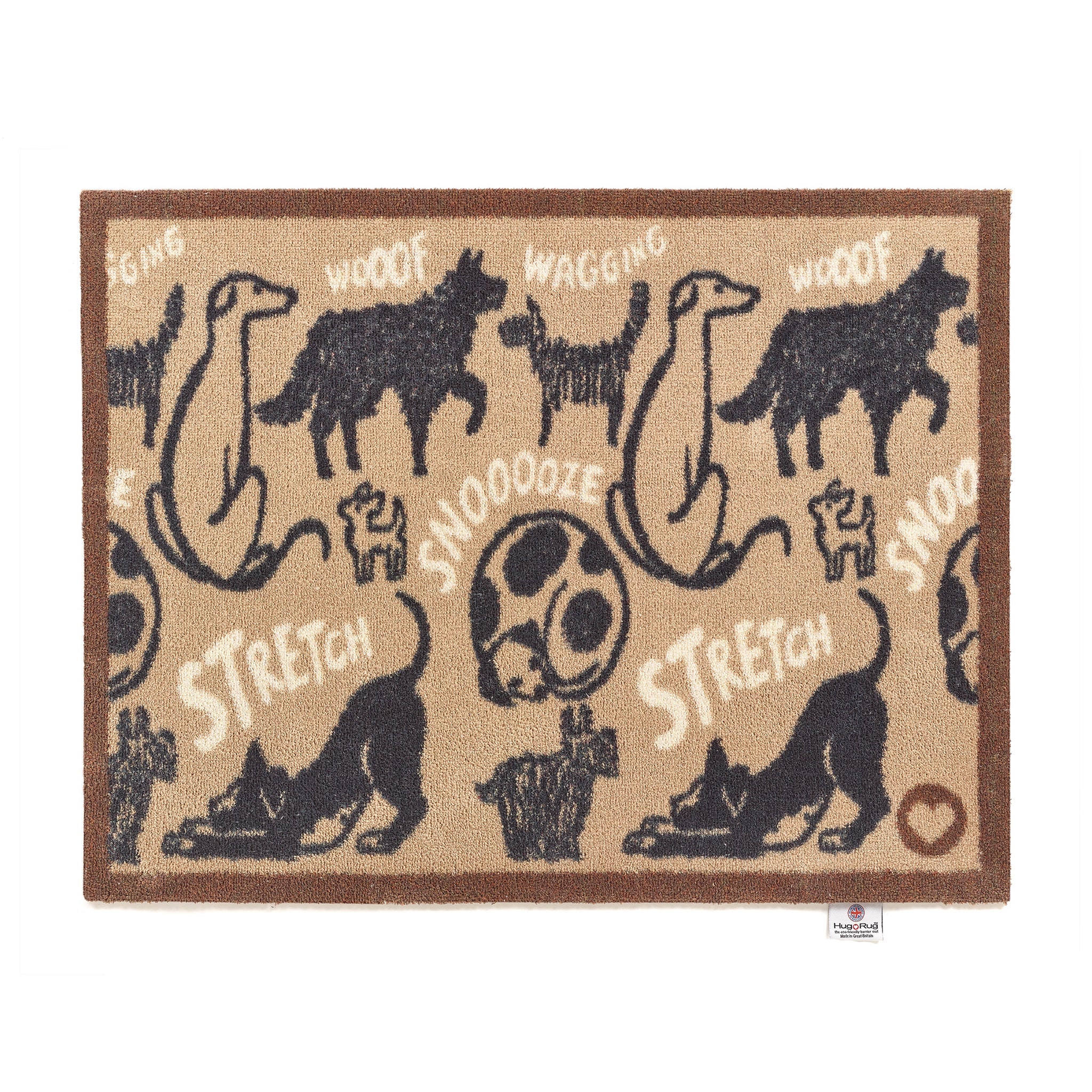 Doormat with black dog illustrations and text on a brown background