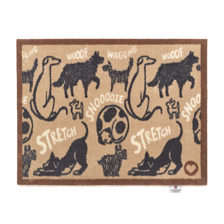 Doormat with black dog illustrations and text on a brown background