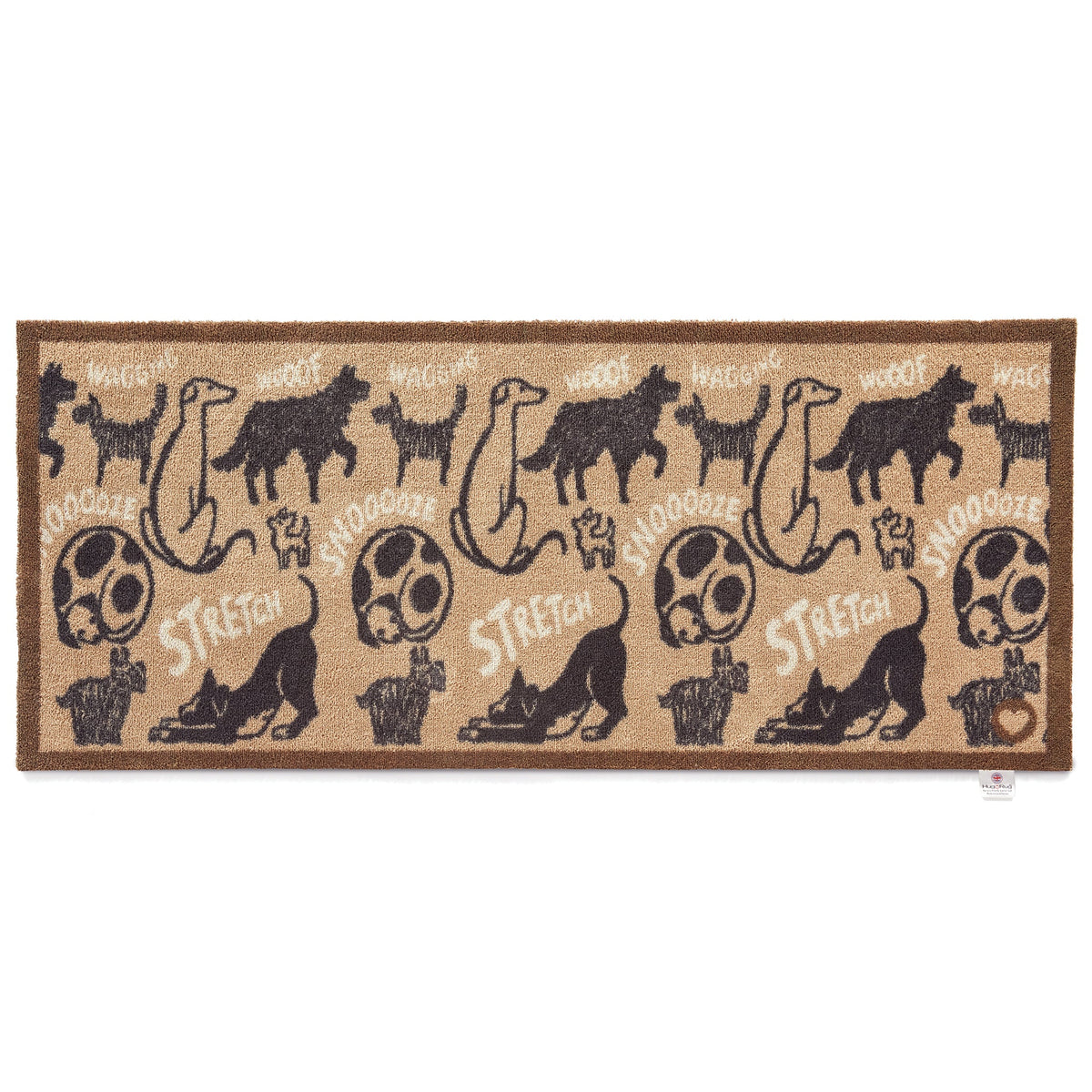Doormat runner with black animal illustrations and text on a brown background