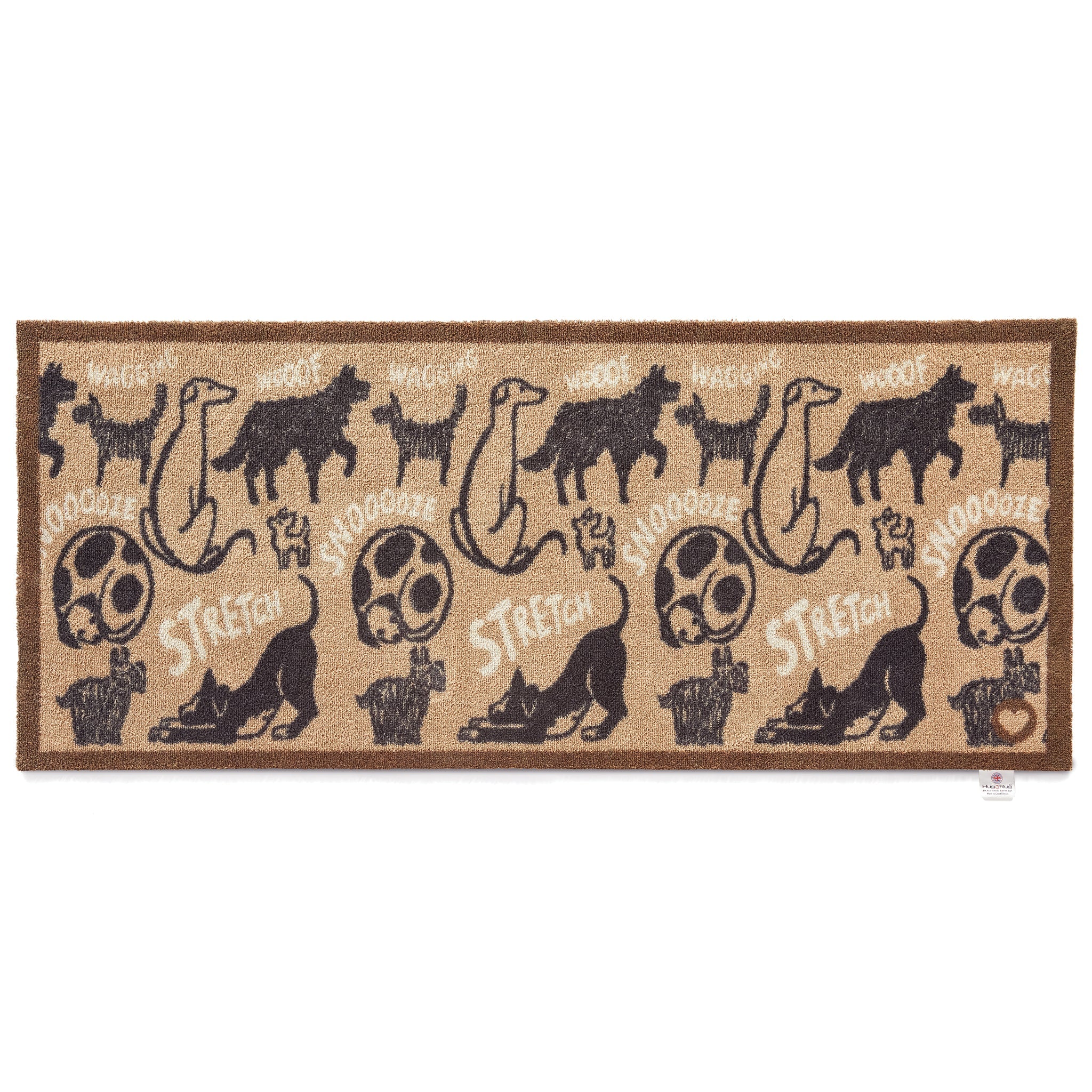 Doormat runner with black animal illustrations and text on a brown background