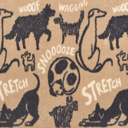Pattern of black dogs and text on a beige background