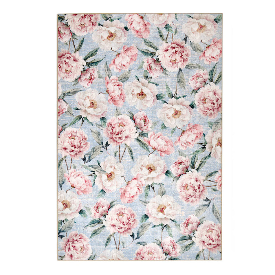 Hug Rug Blooming Peonies Blue Eco Washable Rug full view

