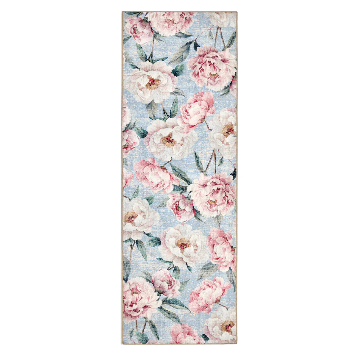 Hug Rug Blooming Peonies Blue Eco Washable Rug runner full view

