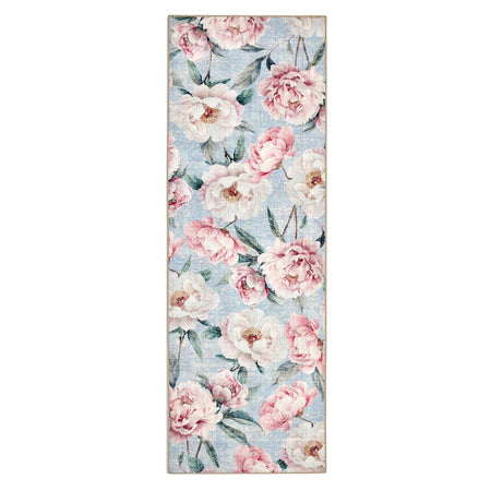 Hug Rug Blooming Peonies Blue Eco Washable Rug runner full view

