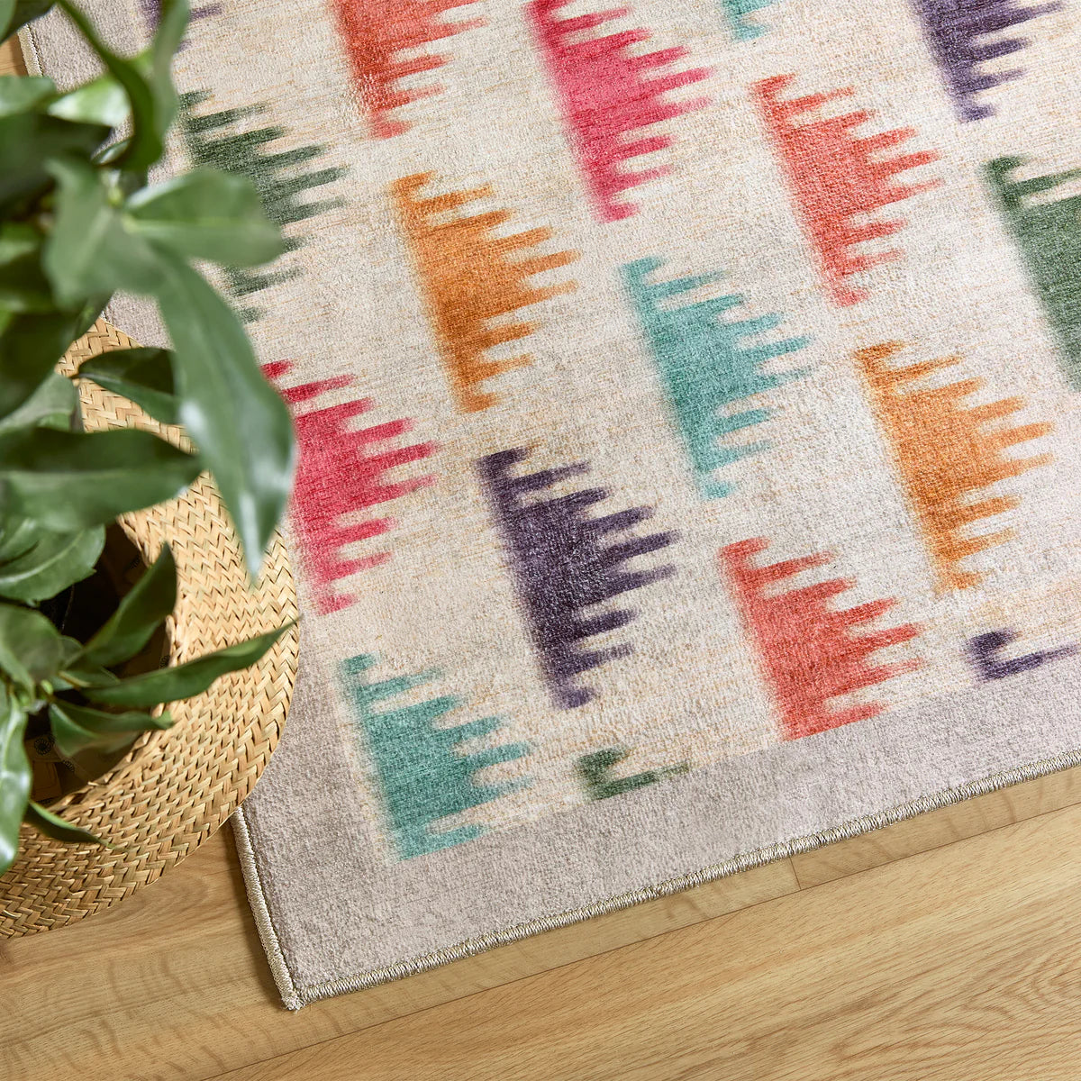Multicolored geometric patterned rug on a wooden floor with a plant in the corner.