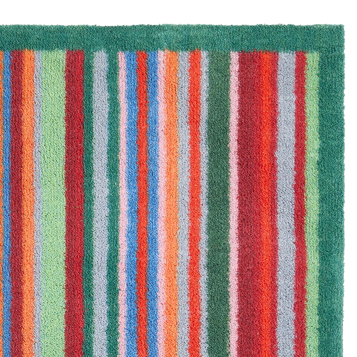 Striped rug with multicolor vertical stripes on a green background