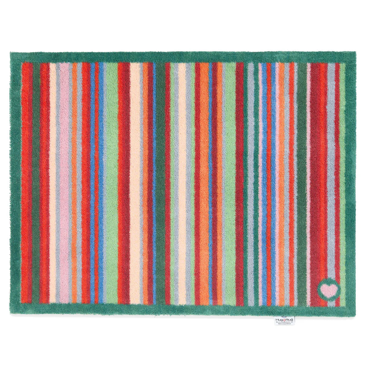Hug Rug Bright Green Stripe doormat with green, red, and orange tones

