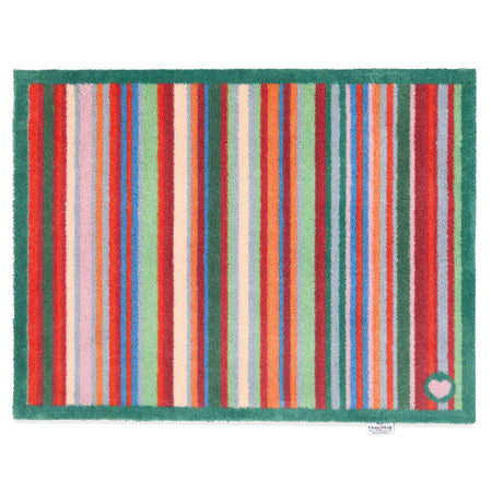 Hug Rug Bright Green Stripe doormat with green, red, and orange tones

