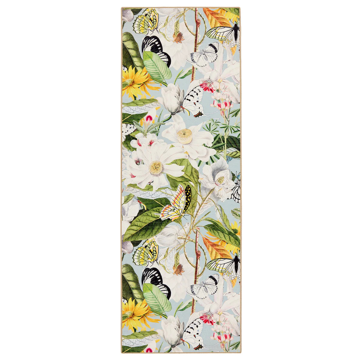 Hug Rug Butterfly Blooms Rug runner with blue background

