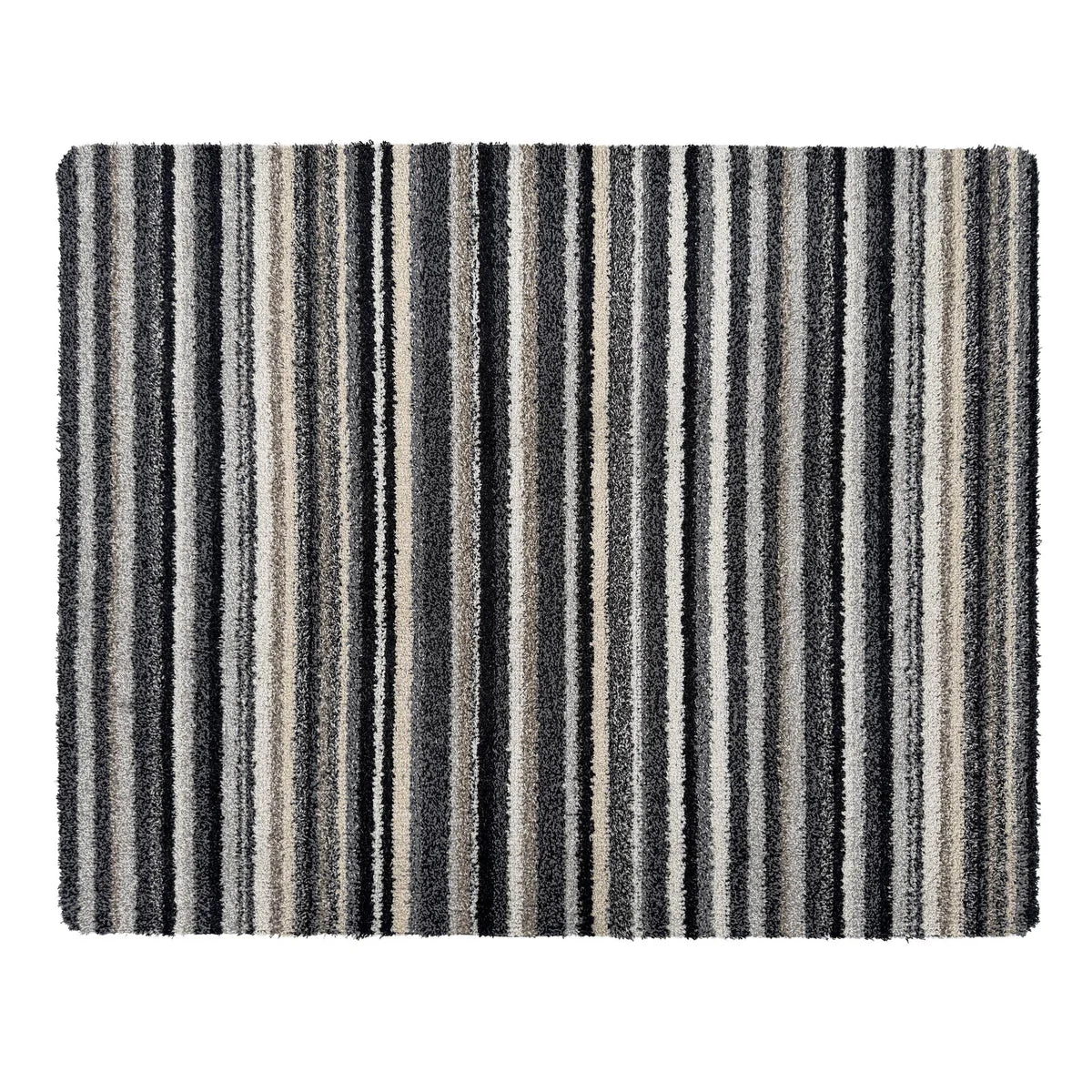 Striped doormat with black, gray, and beige vertical stripes on a white background