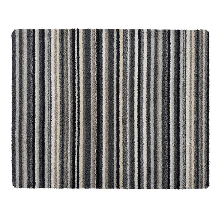 Striped doormat with black, gray, and beige vertical stripes on a white background