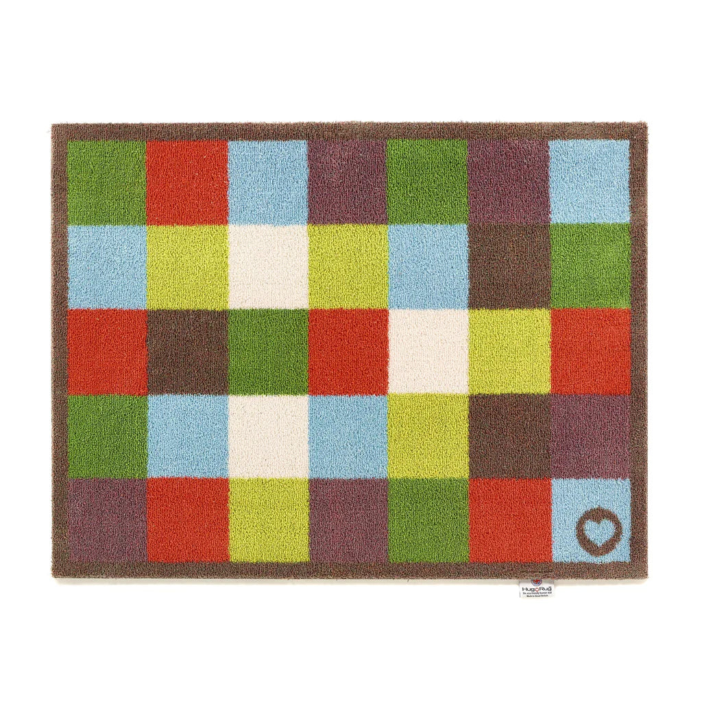 Washable doormat with red, blue, white, and plum checks