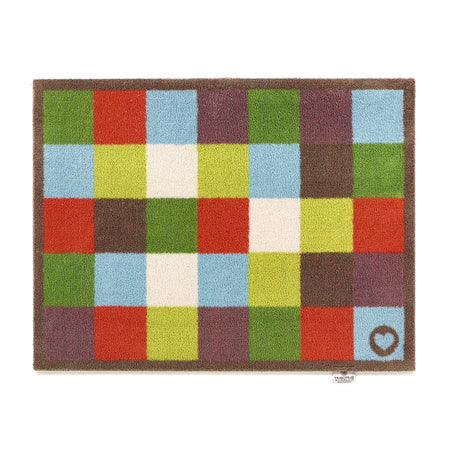 Washable doormat with red, blue, white, and plum checks