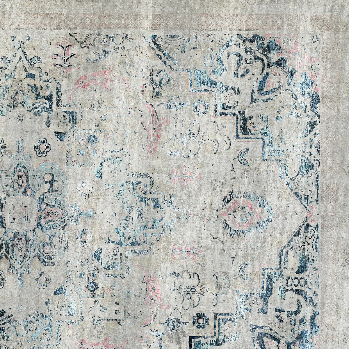 Patterned rug with intricate design on a neutral background