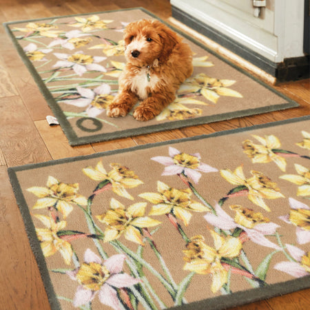 Hug Rug Daffodil Blooms brightening neutral hallway

