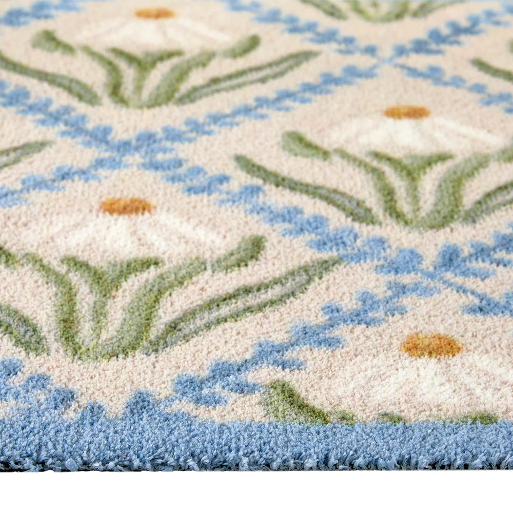 Close-up of Hug Rug daisy print and cotton tufts

