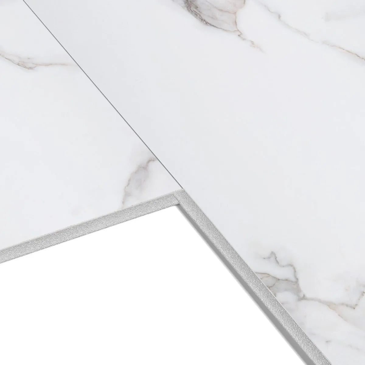 Close-up of Dumawall+ Calacatta panel showing elegant white marble finish with natural grey veining