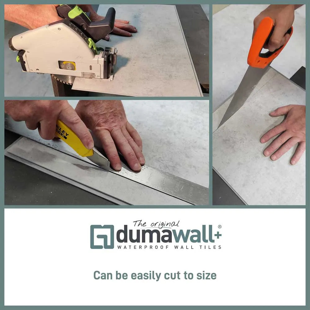 Dumawall+ waterproof wall panels easily cut to size using a Stanley knife, hand saw, or jigsaw – ideal for quick and simple DIY installation