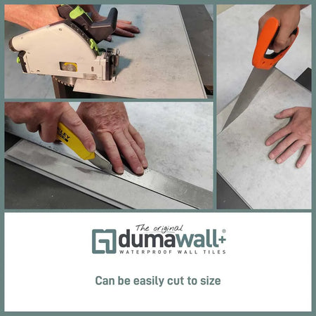 Dumawall+ waterproof wall panels easily cut to size using a Stanley knife, hand saw, or jigsaw – ideal for quick and simple DIY installation