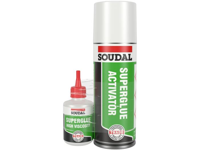 Soudal Mitre Kit TR (UK) – Two-Part Cyanoacrylate Adhesive and Aerosol Activator for Fast Bonding of Mitre Joints, Trims, and Mouldings