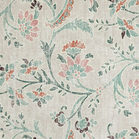 Floral patterned fabric with red, green, and pink flowers on a beige background