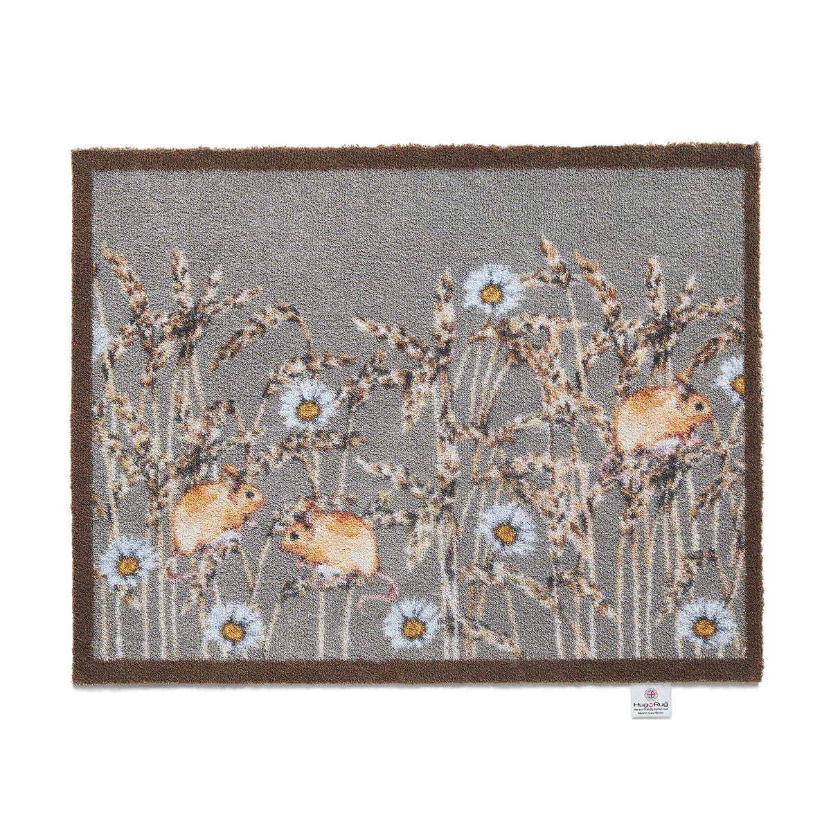 Decorative rug with mouse and flower design on a gray background