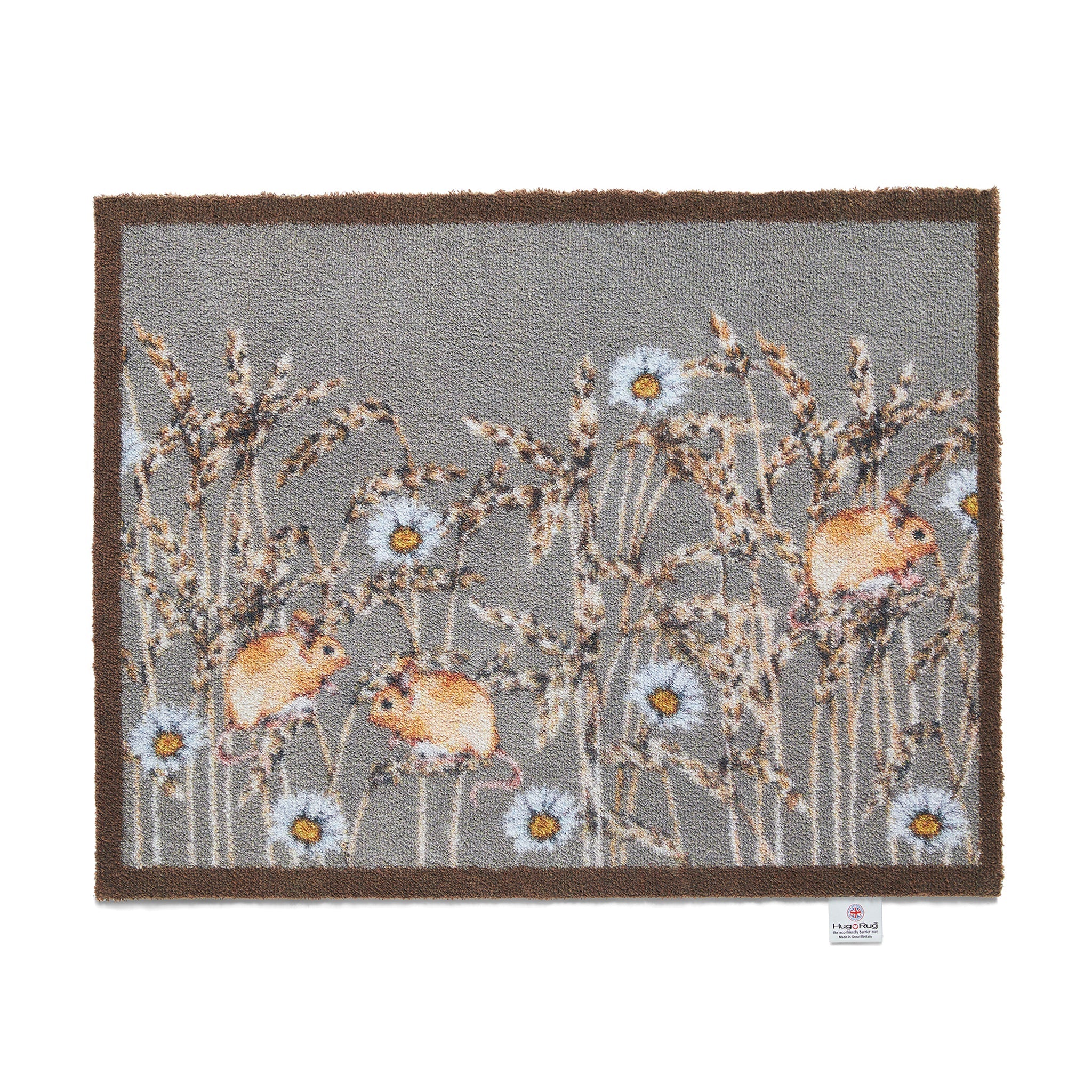 Decorative rug with mouse and flower design on a gray background